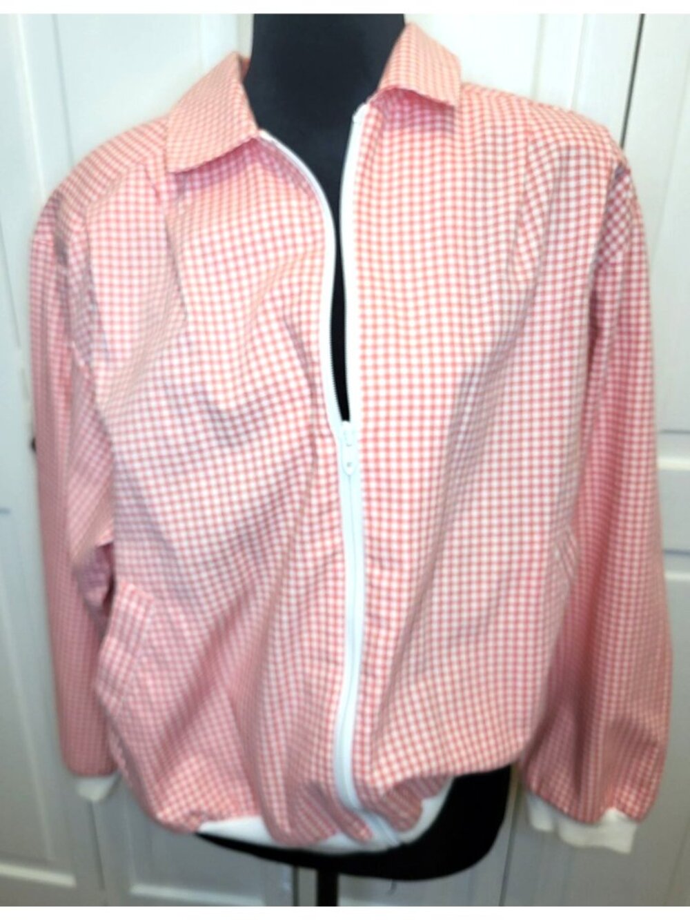 Catalina Vintage 80s/90s Peach White Gingham Zip Bomber Jacket M Preppy Coastal